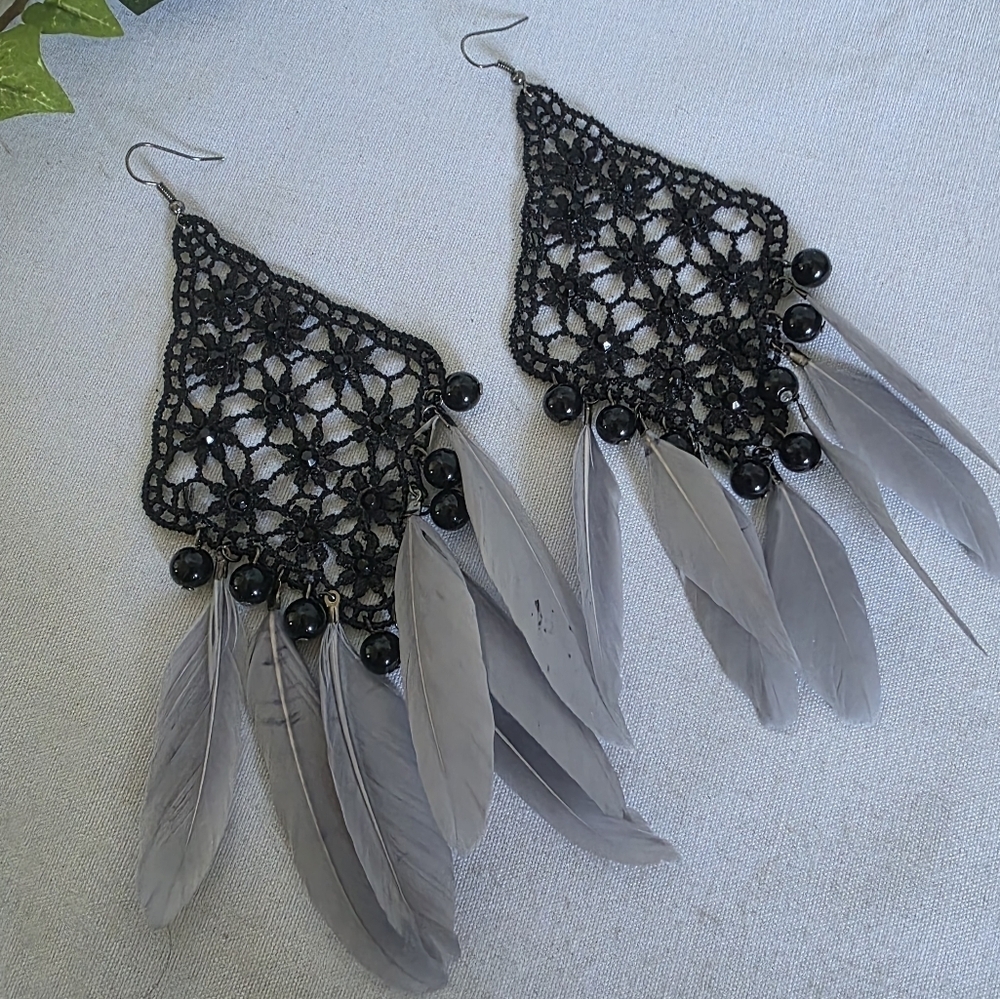 Statement Earrings Black Lace with Grey Feathers